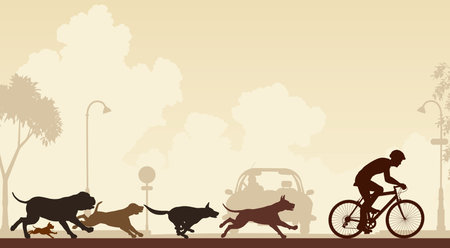 Editable illustration of dogs chasing a cyclist along a streetのイラスト素材
