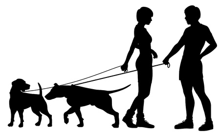 Editable silhouettes of a man and woman and their pet dogs interactingのイラスト素材