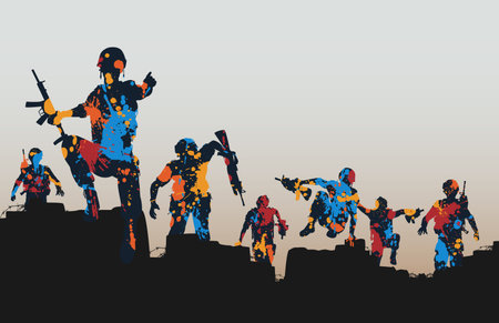 Editable illustration of paint splattered armed soldiers charging forward のイラスト素材