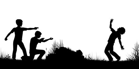 Editable silhouette of young boys playing as soldiers firing guns with figures as separate objectsのイラスト素材