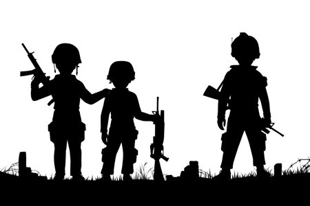 Editable vector silhouettes of three children dressed as soldiers with figures as separate objectsのイラスト素材