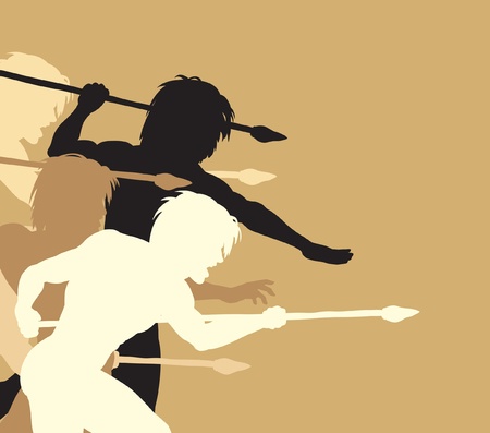 Editable vector silhouettes of cavemen holding spears threateninglyのイラスト素材