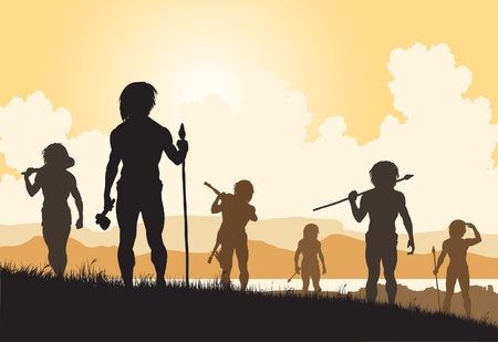 Editable vector silhouettes of cavemen hunters on patrolのイラスト素材