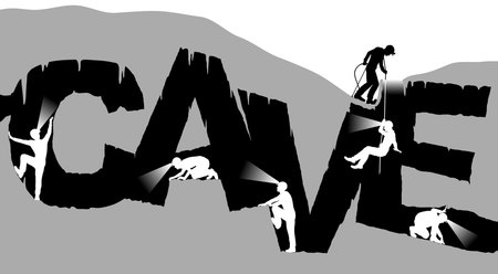 Editable vector illustration of cavers exploring a cave in the shape of the word with figures as separate objectsのイラスト素材