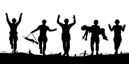 Editable vector silhouettes of a troop of defeated soldiers surrenderingのイラスト素材