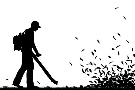 Editable vector silhouette of a man using a leaf-blower to clear leaves with all elements as separate objectsのイラスト素材