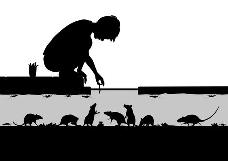 Editable vector silhouettes of a young boy feeding rats in a street sewer with all figures as separate objectsのイラスト素材