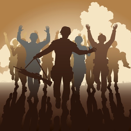 Editable vector illustration of a troop of defeated soldiers surrenderingのイラスト素材