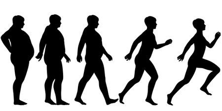Editable silhouette sequence of a man losing weight and gaining fitness through exerciseのイラスト素材