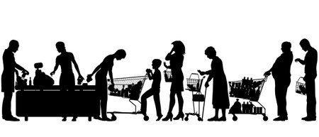  silhouettes of people in a supermarket checkout queue with all elements as separate objectsのイラスト素材