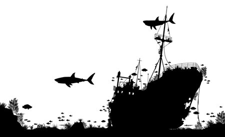 silhouette foreground of coral, sharks and fish around a sunken boatのイラスト素材