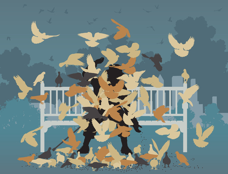 Editable vector illustration of a man on a park bench smothered by pigeons のイラスト素材