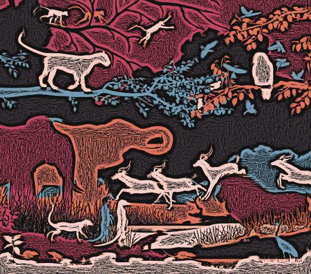 Illustration of diverse wildlife in a woodcut styleの写真素材