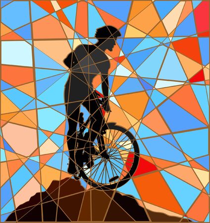 Editable vector colorful mosaic illustration of a mountain biker silhouette high on a ridgeのイラスト素材