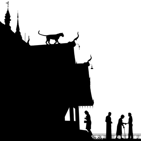 Editable vector silhouette of a leopard on a temple roof with figures as separate objectsのイラスト素材