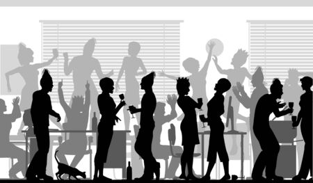 Editable vector silhouettes of business people at an office party with all elements as separate objectsのイラスト素材