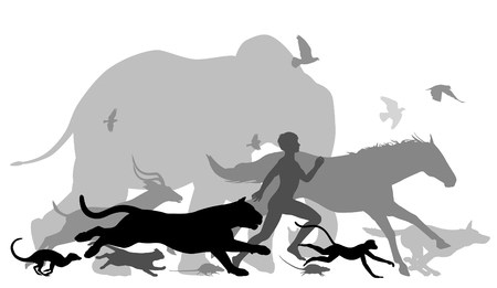 Editable vector silhouettes of a man running together with various animalsのイラスト素材