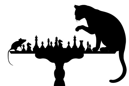Editable silhouettes of a cat and mouse playing chess with all elements as separate objectsのイラスト素材