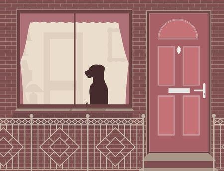 Editable illustration of a dog looking out of a house windowのイラスト素材