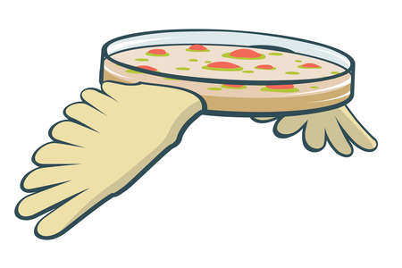Editable vector cartoon of a petri dish with wings illustrating the dangers of air traffic incubating and transporting microbes around the globeのイラスト素材