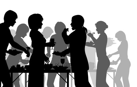 EPS8 editable vector silhouettes of people enjoying a buffet with all figures as separate objectsのイラスト素材