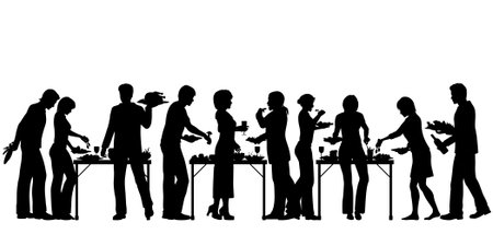 EPS8 editable vector silhouettes of people enjoying a buffet with all elements as separate objectsのイラスト素材