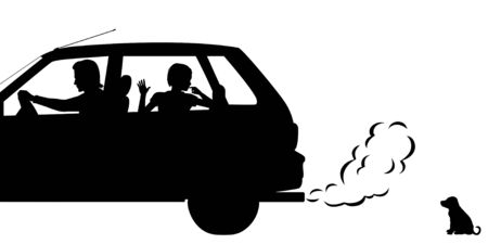 Editable vector silhouettes of a puppy being abandoned by a family driving awayのイラスト素材