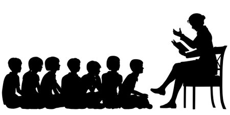 EPS8 editable vector silhouettes of a female teacher reading a story to her pupils with all figures as separate objectsのイラスト素材
