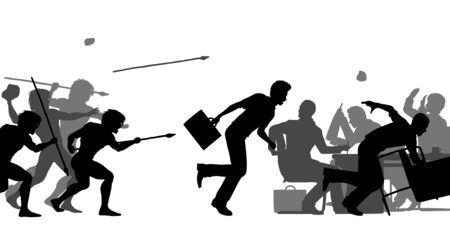 Editable vector silhouettes of cavemen attacking a business meeting with all elements as separate objectsのイラスト素材