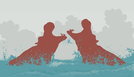 Editable vector illustration of two hippopotamuses fighting in waterのイラスト素材