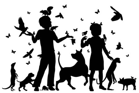 EPS8 editable vector silhouettes of a young boy and girl surrounded by animals with all figures as separate objectsのイラスト素材