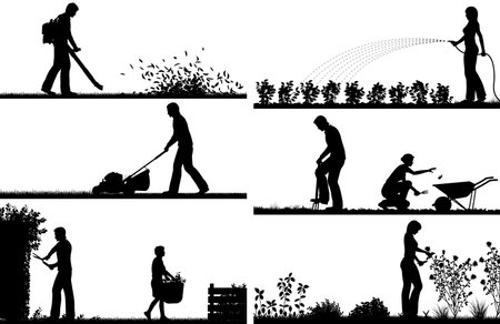 Set of eps8 editable vector silhouette foregrounds of people gardening with all figures as separate objectsのイラスト素材