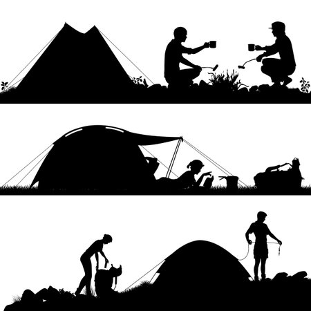 Set of eps8 editable vector silhouettes of people camping with figures and tents as separate objectsのイラスト素材