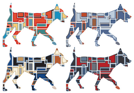 Set of colorful eps8 editable vector mosaic illustrations of a dog runningのイラスト素材
