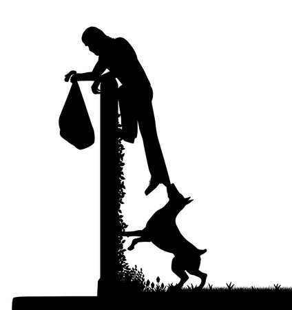 EPS8 editable vector silhouette of a guard dog stopping a thief from escaping over a high garden wall with figures as separate objectsのイラスト素材