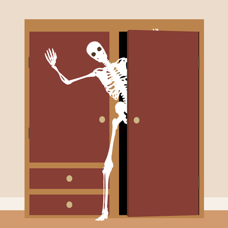 EPS8 editable vector concept illustration of a skeleton waving from a cupboard or closetのイラスト素材