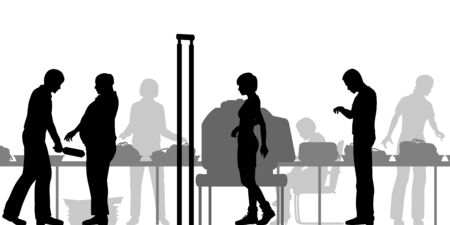 EPS8 editable vector cutout illustration of hand-luggage and passengers being checked at airport securityのイラスト素材