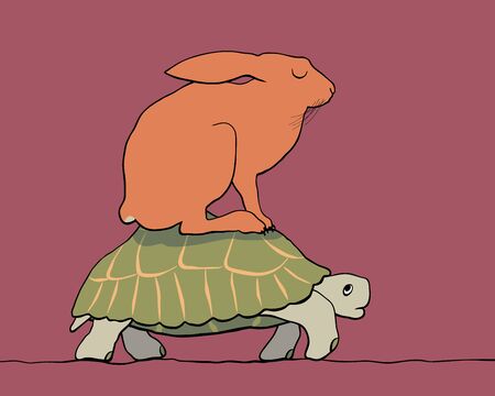 EPS8 editable vector cartoon of a hare resting on the back of a tortoise with figures as separate objectsのイラスト素材