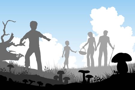 cutout illustration of a family hunting for edible mushrooms with people and fungi as separate objectsのイラスト素材