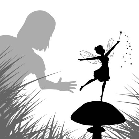 illustration of a young girl finding a fairy dancing on a mushroomのイラスト素材