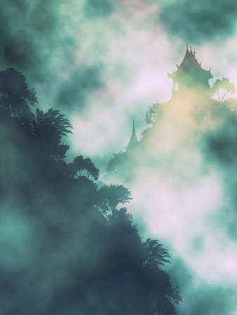 Editable vector illustration of a Buddhist temple in misty mountains made using gradient meshesのイラスト素材