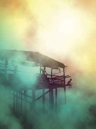 Editable vector illustration of a family in their stilted waterside wooden shack in misty atmosphere created using gradient meshesのイラスト素材