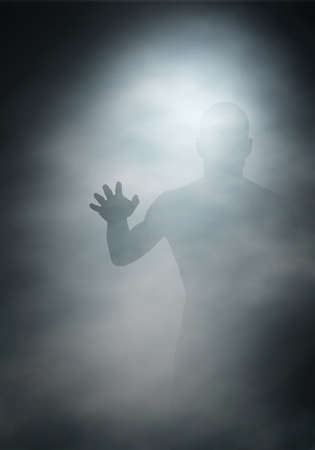 Editable vector illustration of a man reaching through fog created using gradient meshes