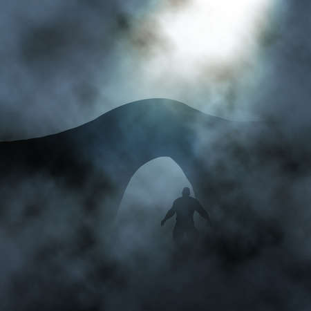 Editable vector illustration of a large man waiting under a bridge in foggy conditions created using gradient meshesのイラスト素材
