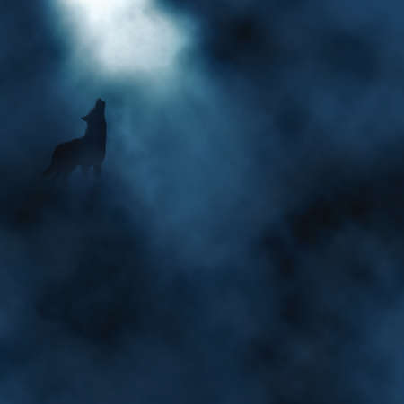 Editable vector illustration of a wolf howling at the moon in a misty atmosphere created using...