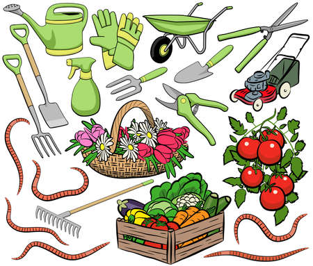 Set of vector gardening clip art including tools, produce and wormsのイラスト素材