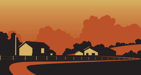 Vector illustration of a rural farm in rolling hills.のイラスト素材