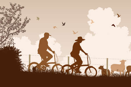 Editable vector silhouette of a couple cycling together in the countrysideのイラスト素材