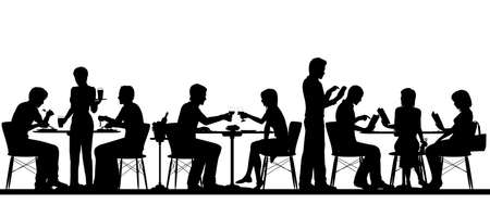 Vector silhouette illustration of people dining in a busy restaurant with all figures as separate objectsのイラスト素材