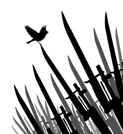Editable vector silhouette of a singing bird perched on the tip of a bayonet as a symbol of peaceのイラスト素材